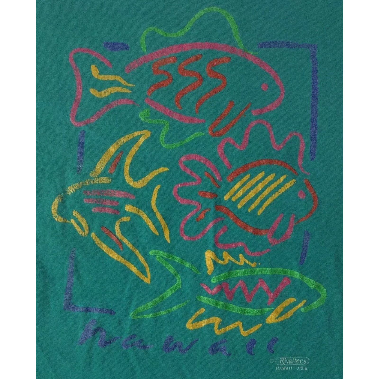 Vintage VINTAGE Hawaii Abstract Fish Shirt XL USA Art Beach Surf Grunge 90s OP Ocean Pacific 80s Single Stitch Mens T-Shirt Green Front Graphic Tee Size US XL / EU 56 / 4 - 2 Thumbnail