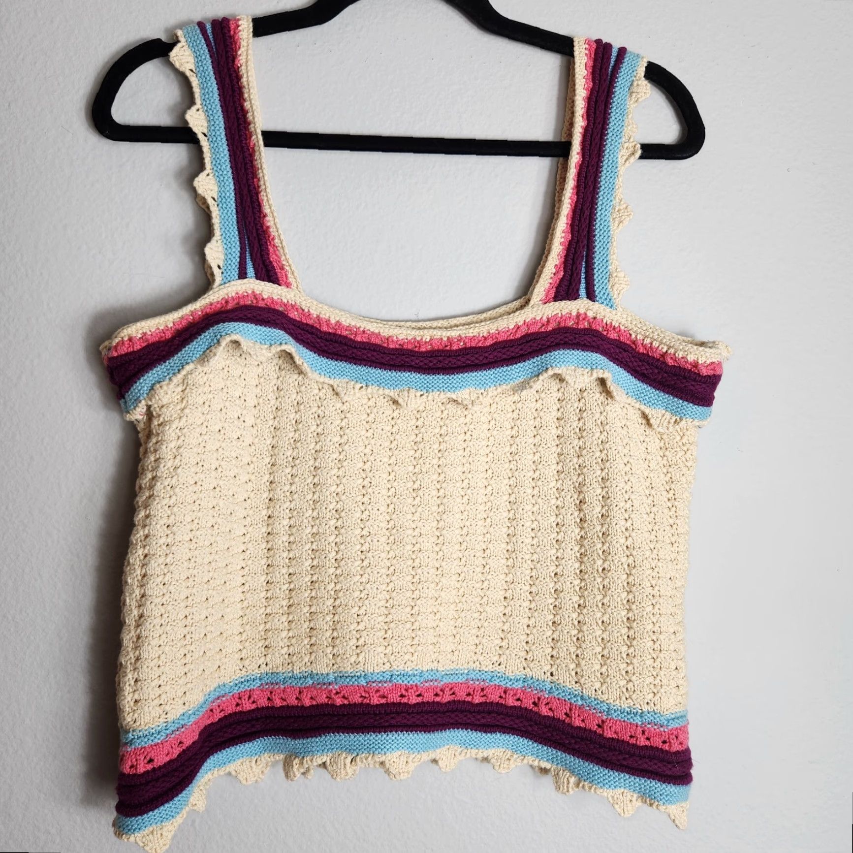 Vintage Marc New York Womens Tank Top-Size L Beige Cropped Boho Crochet Striped 70s Hippie Festival Womens Size L / US 10 / IT 46 - 5 Thumbnail