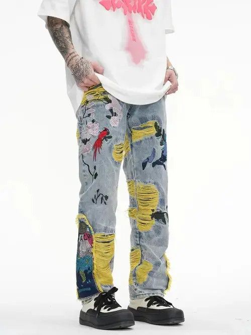 Japanese Brand Embroidered Patch Denim Ripped Jeans Size US 34 / EU 50 - 1 Thumbnail