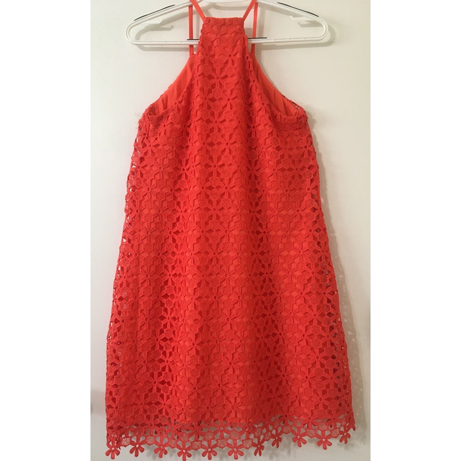 Other Chelsea28 XS Hot Coral Floral Crochet Halter Dress Lined Size XS / US 0-2 / IT 36-38 - 2 Thumbnail