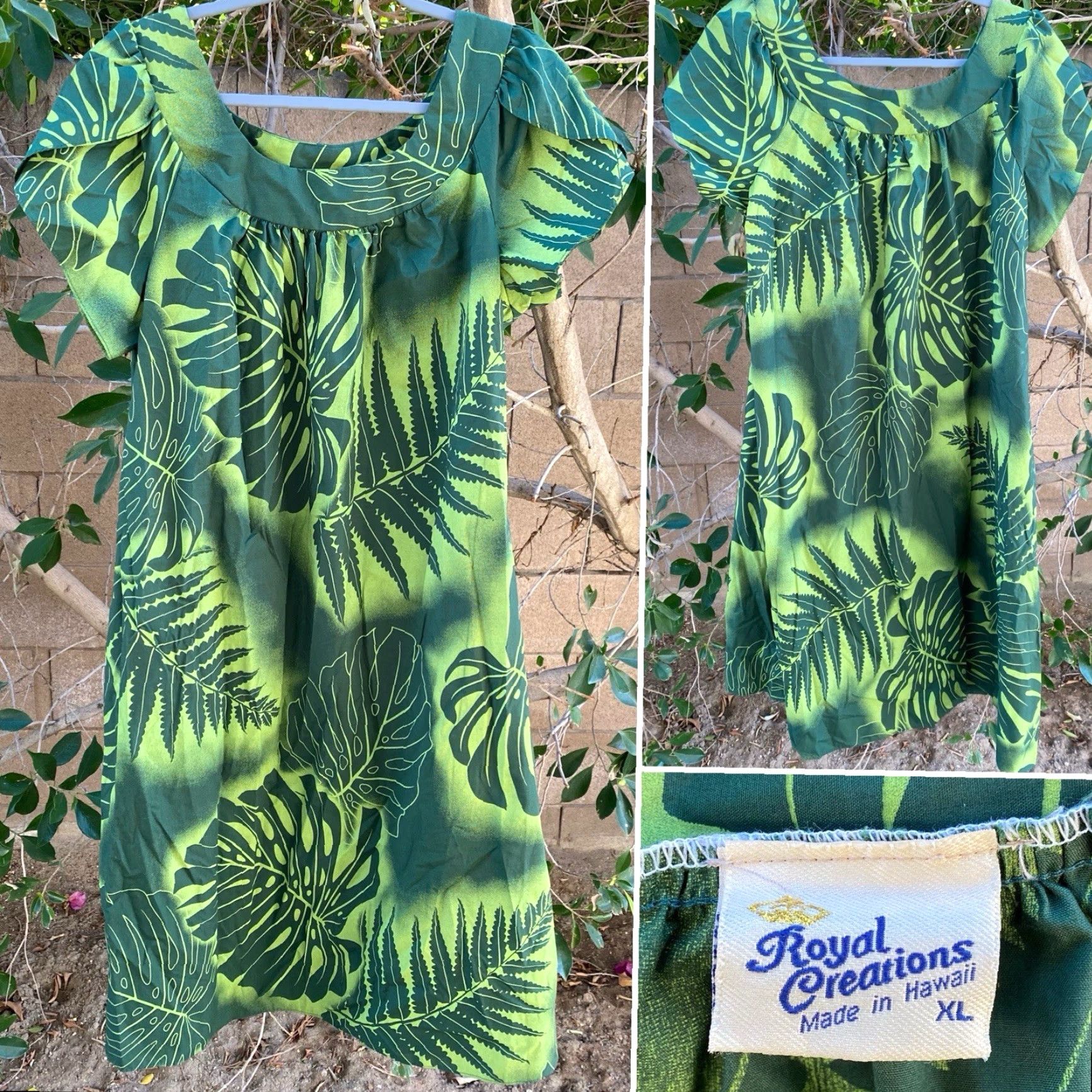 Vintage Royal Creations Muumuu Hawaiian Dress Hawaii Aloha XL Green Midi Polyester Blend Tulip Sleeves ZIP Not a stretchy fabric? Size XL / US 12-14 / IT 48-50 - 2 Thumbnail
