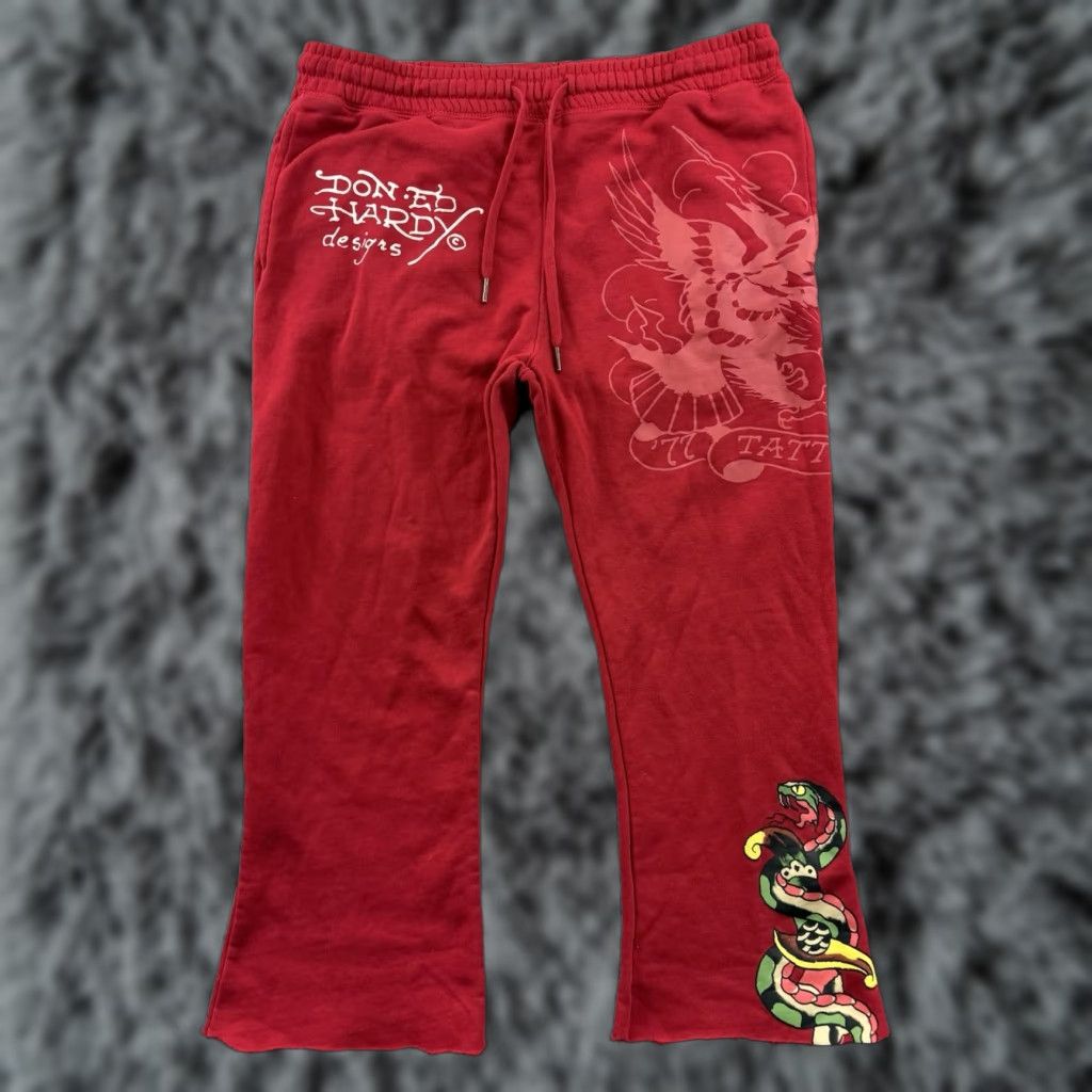 Ed Hardy Ed Hardy Sweatpants Women Large Red Wide-Leg Flare Dragon Y2K Skull Tattoo Heart Logo Pockets Vintage: No Size 36" / US 14 / IT 50 - 1 Thumbnail