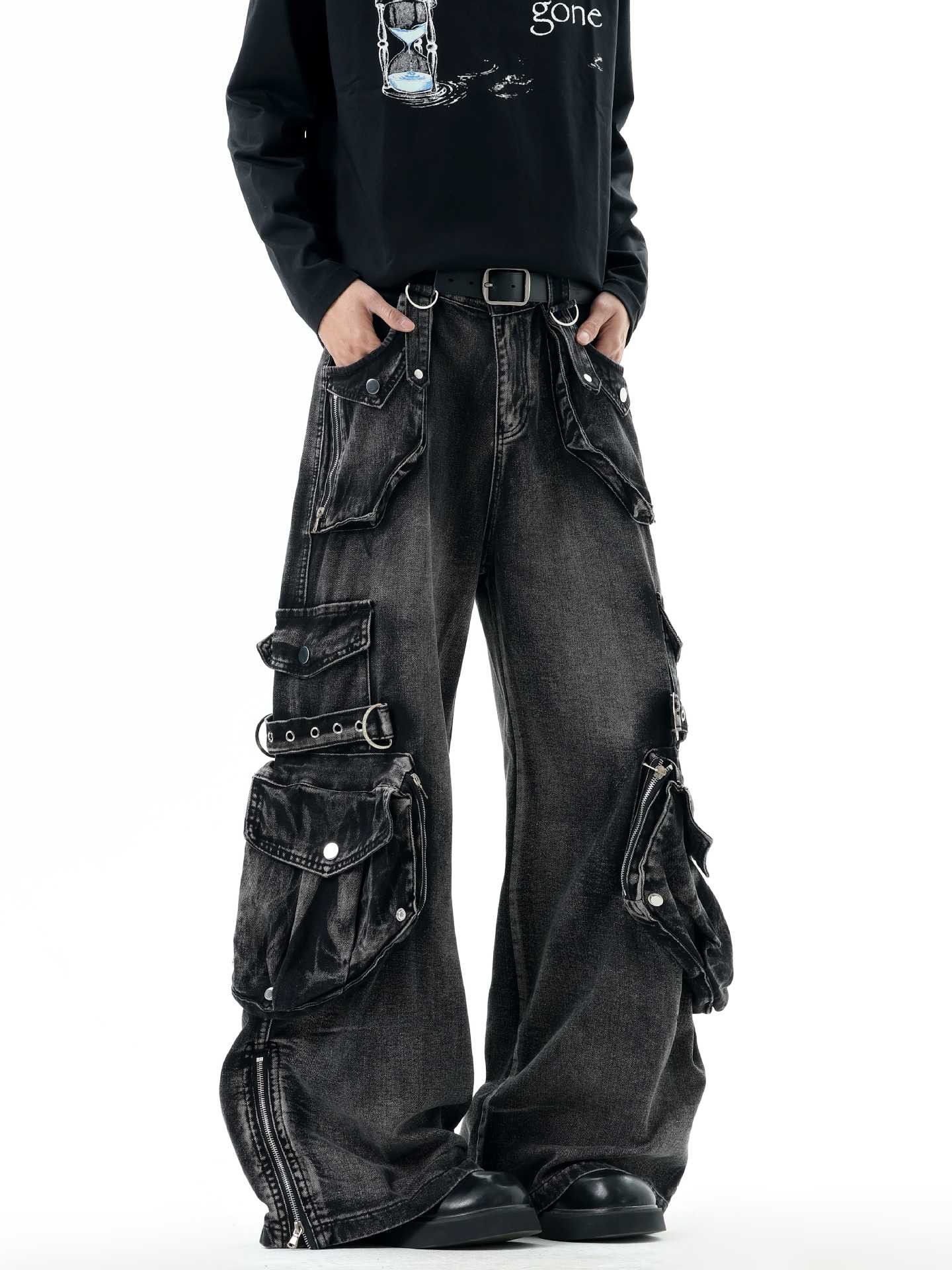 Japanese Brand Black Wide Leg Cargo Denim Pants, Baggy Cargo Jeans Size US 28 / EU 44 - 9 Thumbnail