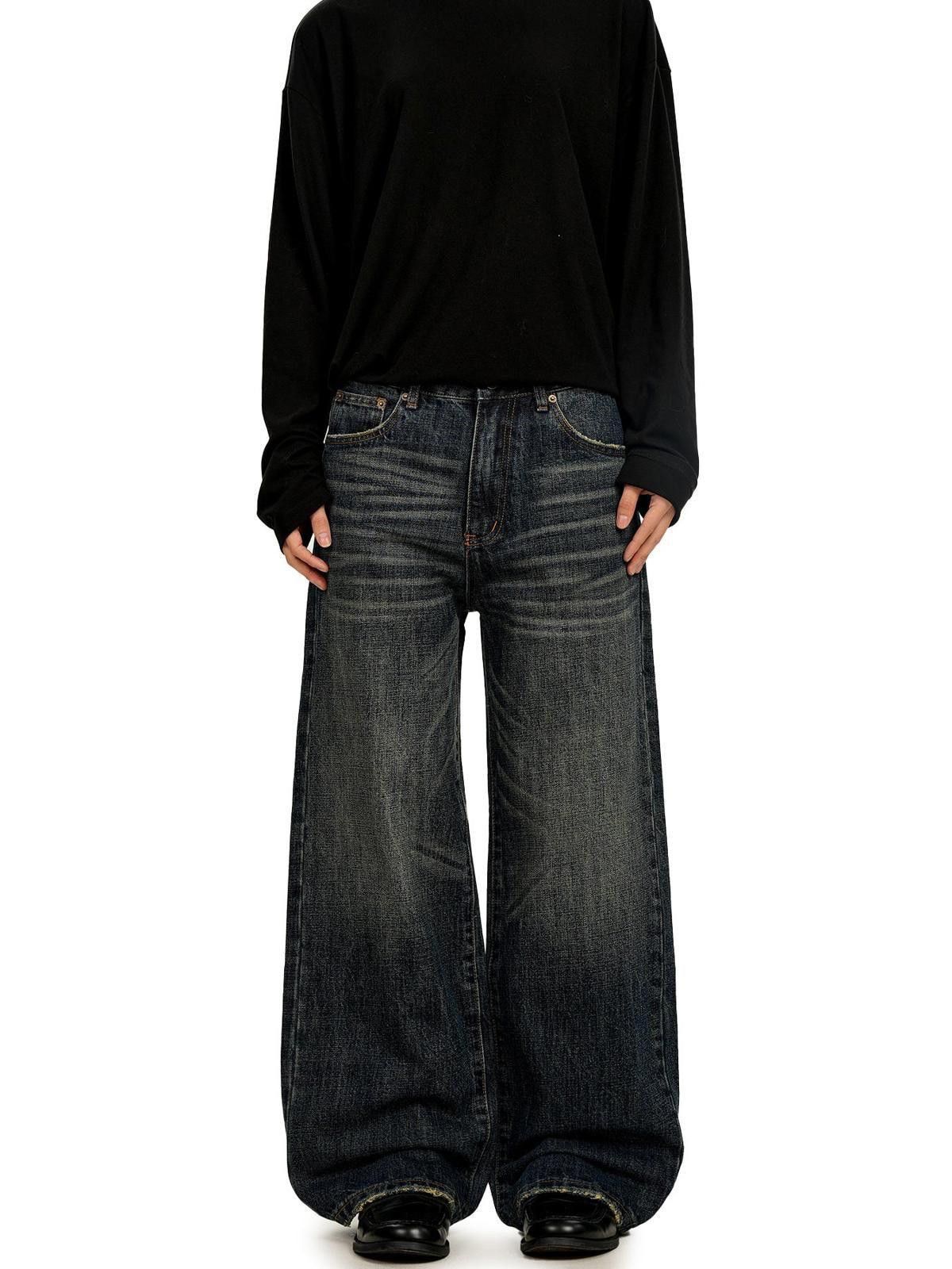 Jean Deep Blue Whisker-Wash Straight Wide-Leg Denim Jeans Size US 30 / EU 46 - 2 Thumbnail