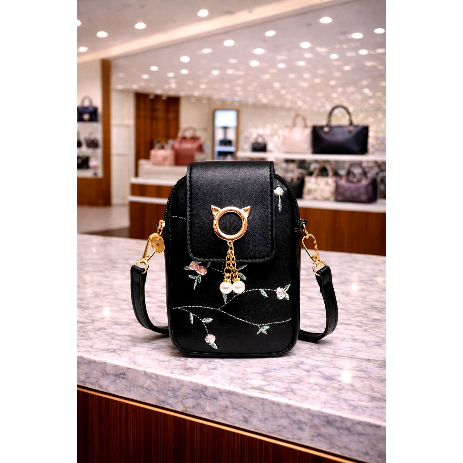 Other Embroidered Cat Crossbody Phone Bag Magnetic Closing Black Size ONE SIZE - 1 Thumbnail