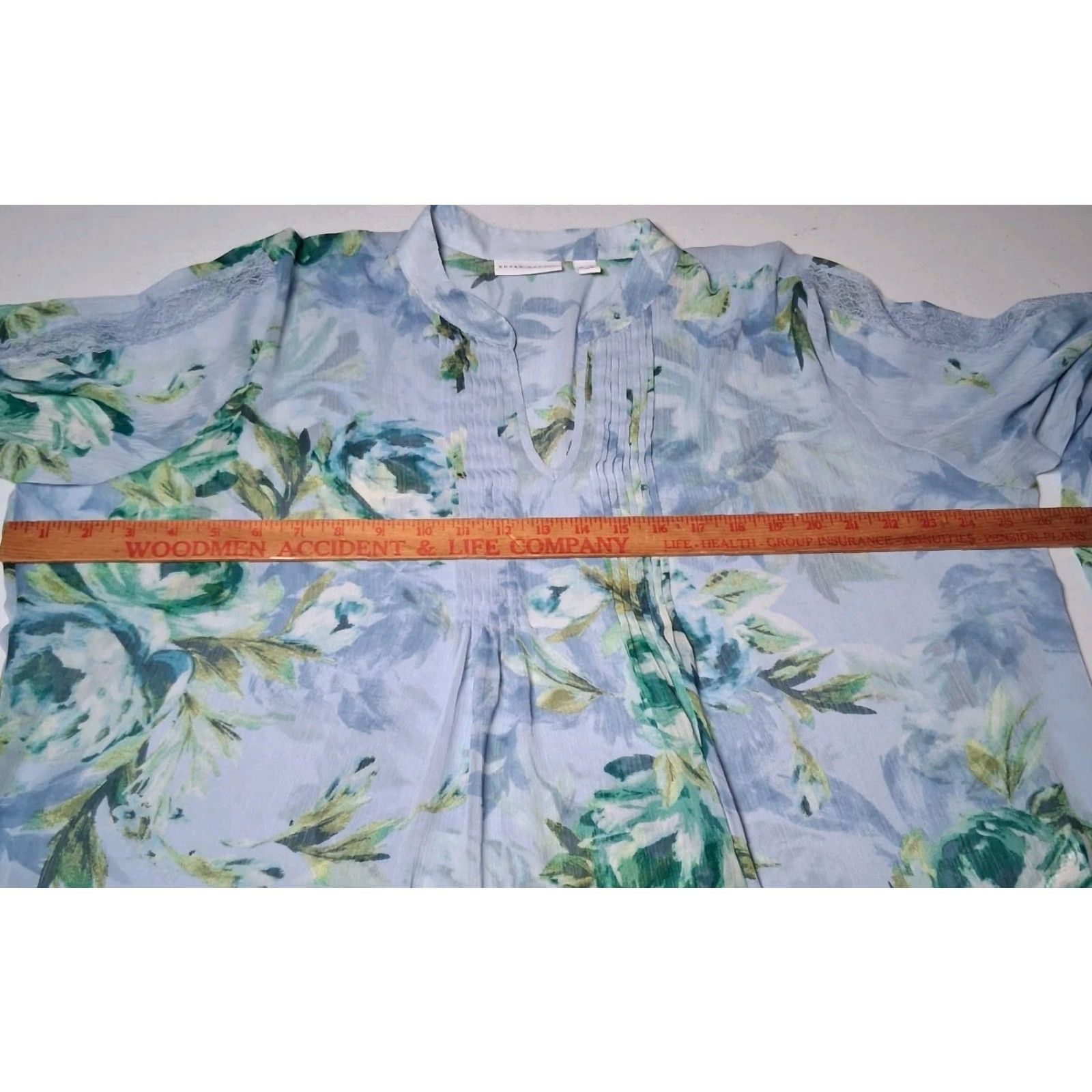 Vintage Susan Graver Blouse XL Blue Peony Floral Long Sleeve Semi Sheer Lace Pleated Shirt Womens Size XL / US 12-14 / IT 48-50 - 3 Thumbnail