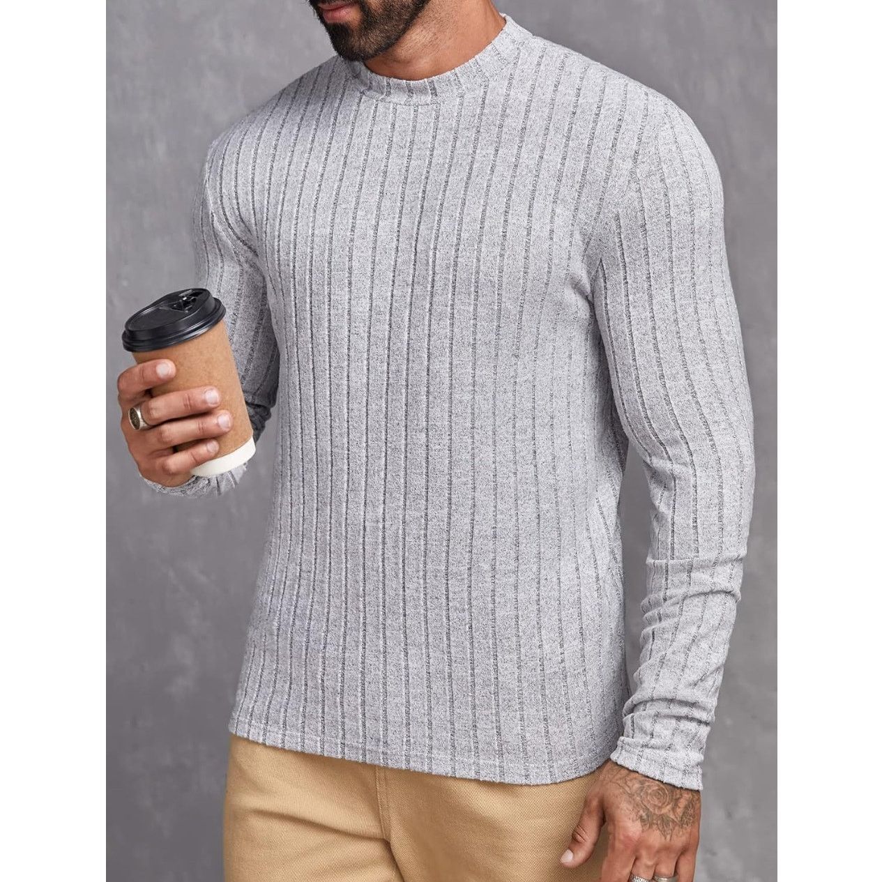 The Unbranded Brand Size Large Men Mock Neck Ribbed Knit shirt gray Size US L / EU 52-54 / 3 - 6 Thumbnail