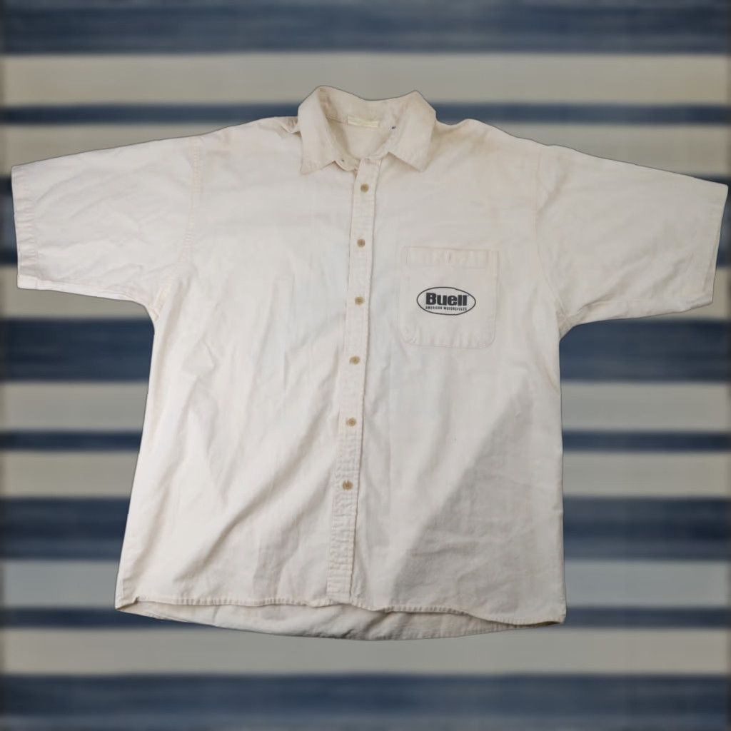 Harley Davidson VINTAGE Harley Davidson Buell Graphic Button Up Work Shirt Mens XL White 1996 90s Size US XL / EU 56 / 4 - 1 Thumbnail