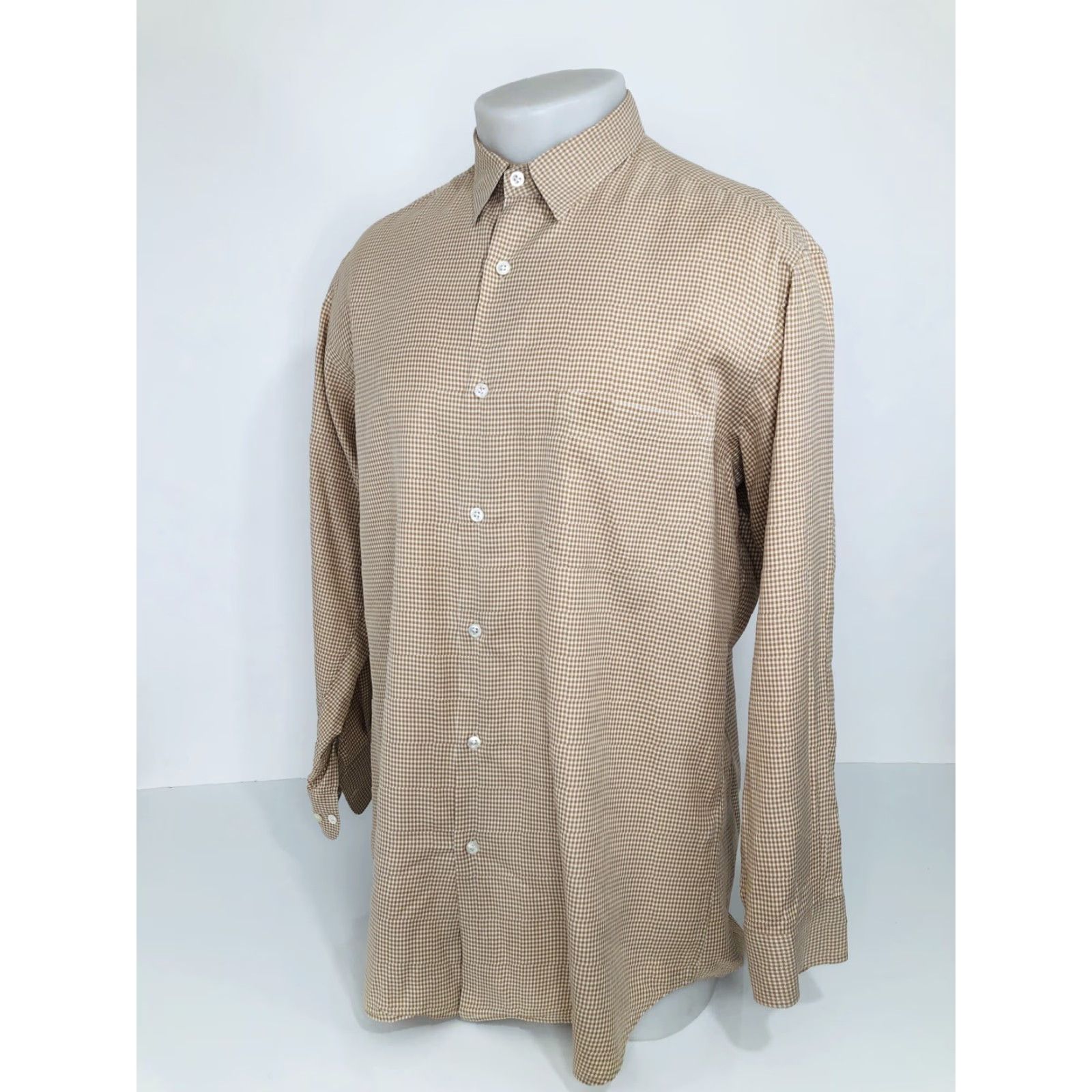 Ralph Lauren Ralph Lauren / Italy - Purple Label Tag Mens Lg. Plaid Checked Shirt Blocked: Brown / White, Button-Up, Long Sleeve, 100% Cotton, J4 Size US L / EU 52-54 / 3 - 2 Thumbnail