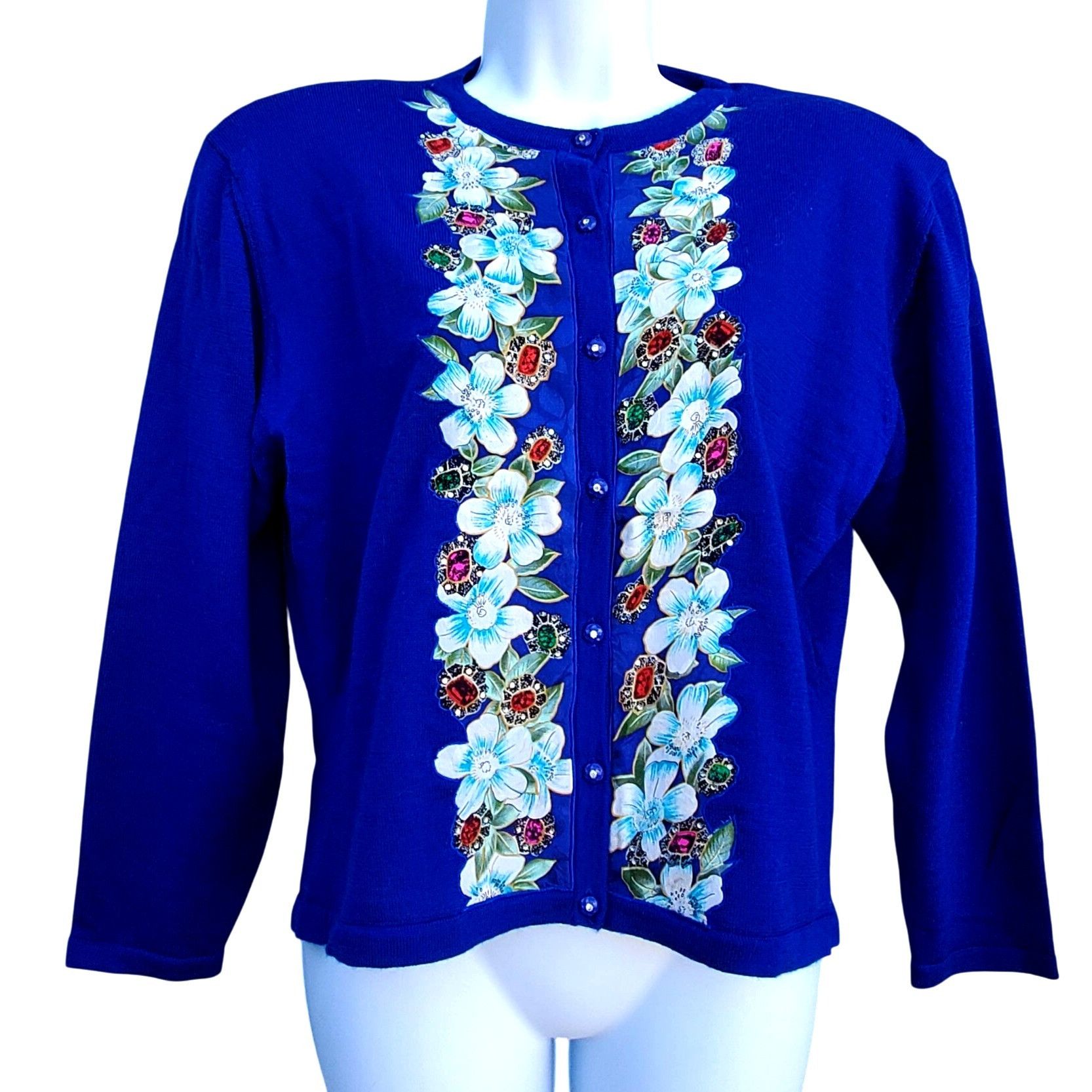 Vintage Diane Freis 80s Blue Purple Cardigan with Rhinestones L XL Size XL / US 12-14 / IT 48-50 - 4 Thumbnail