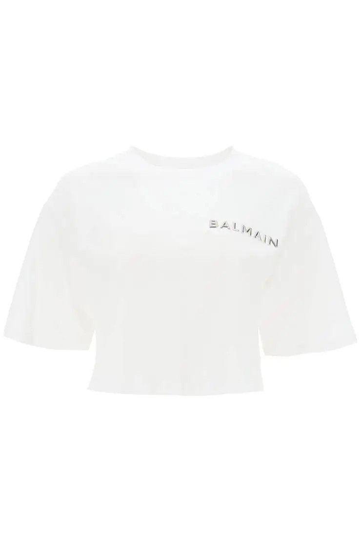 image of Balmain O1S22I1N0424 Metallic Logo T-Shir In White, Women's (Size Small)