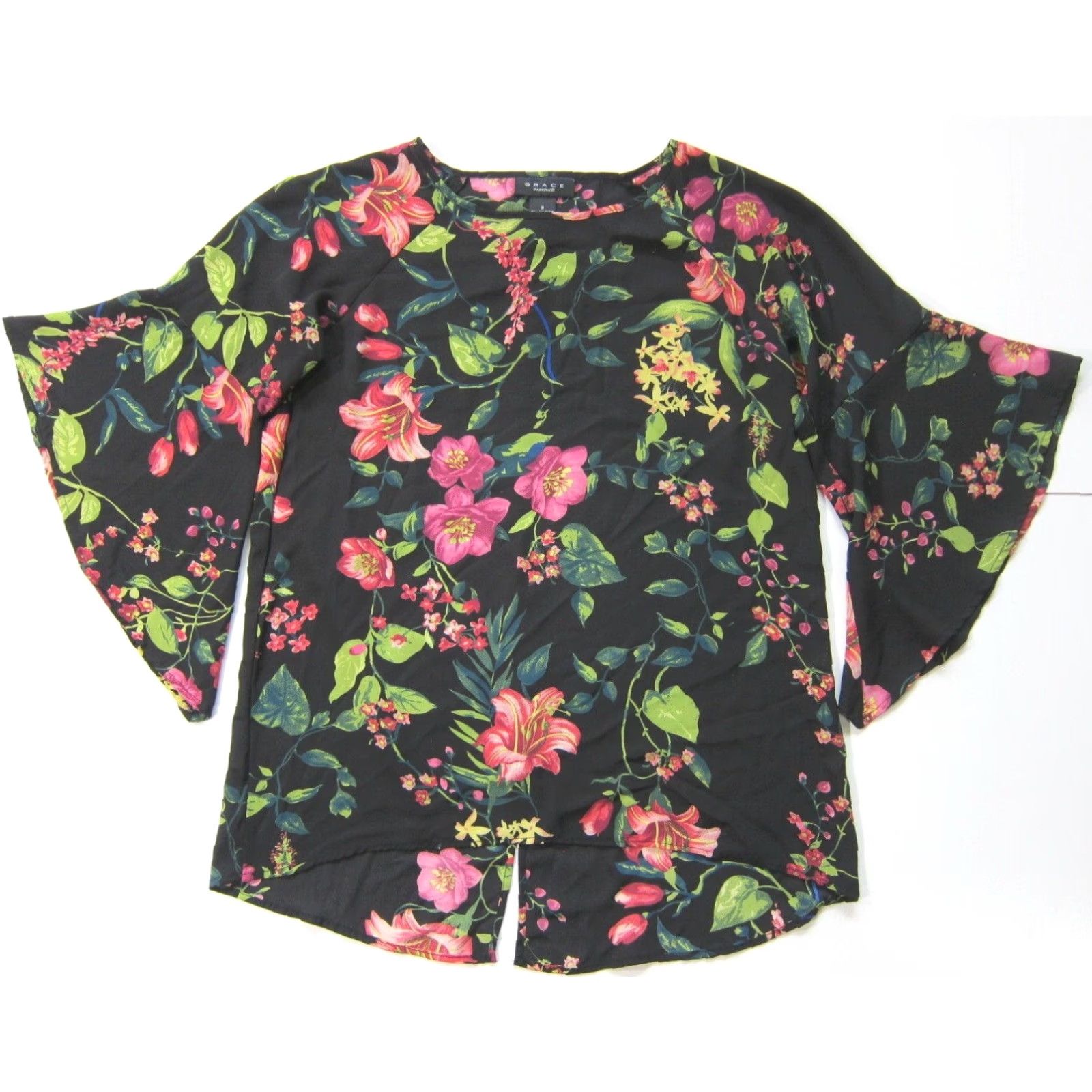 Pinko Grace Blouse Shirt Women Small Black Green Pink Floral Sheer Flare Sleeve 100% polyester Size S / US 4 / IT 40 - 5 Thumbnail
