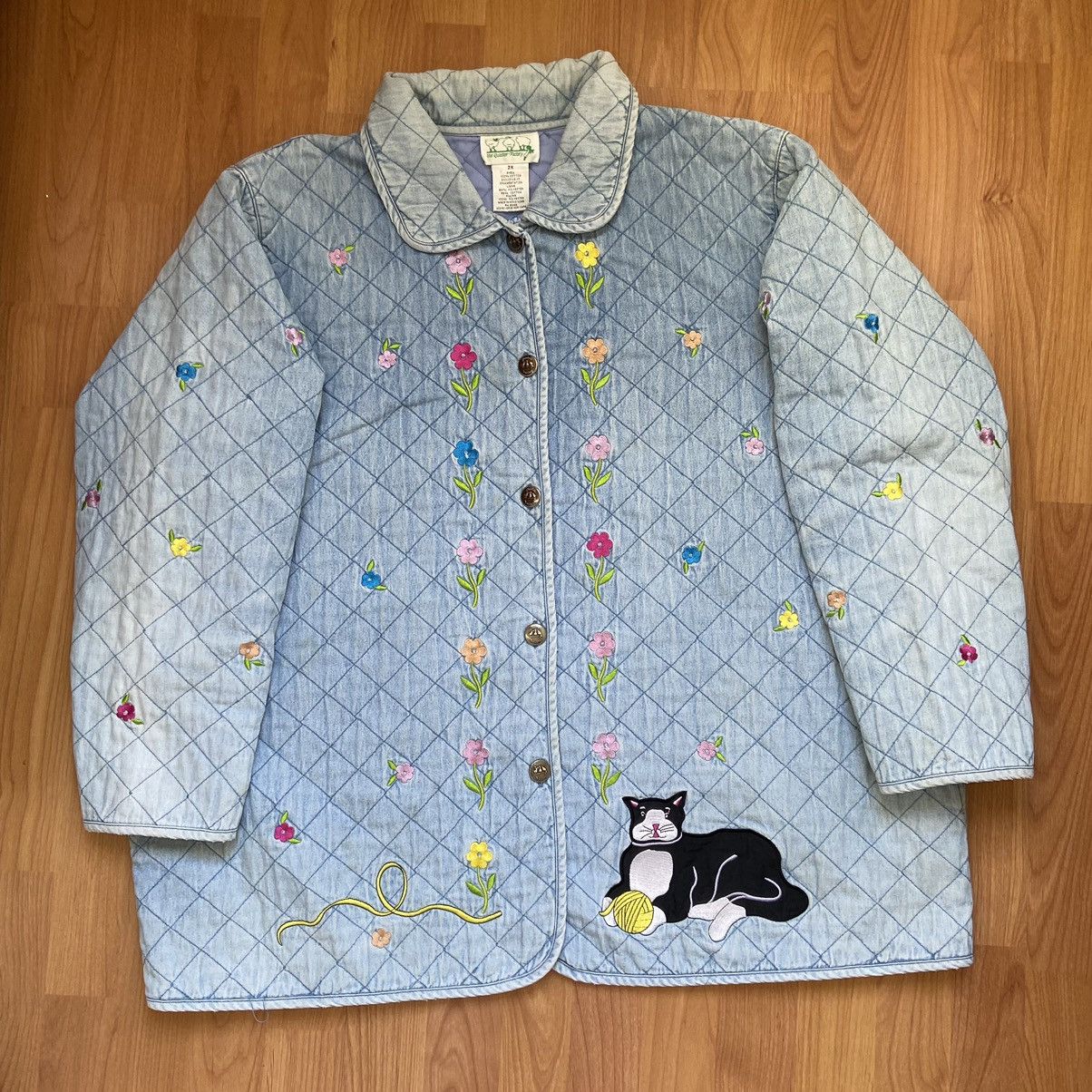 image of Vintage The Quacker Factory Cat & Flowers Quilted Jacket in Blue, Women's (Size 2XL)