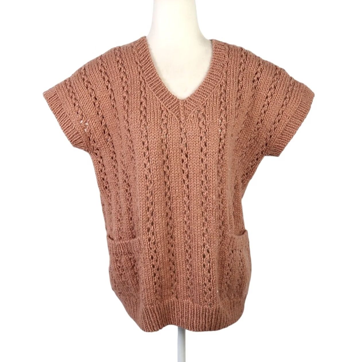 Vintage VINTAGE 80s Tan Brown Short Sleeve Knit Sweater Vest L Women's V-Neck Pullover Acrylic Pocket Size L / US 10 / IT 46 - 2 Thumbnail
