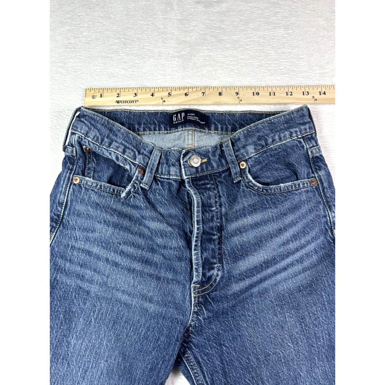 Gap Gap Jeans Womens 6/28R Distressed Straight Denim Button Fly Blue Dark Wash Cotton Spandex Regular Rise High Rise + Jeans Womens Size 28" / US 6 / IT 42 - 5 Thumbnail