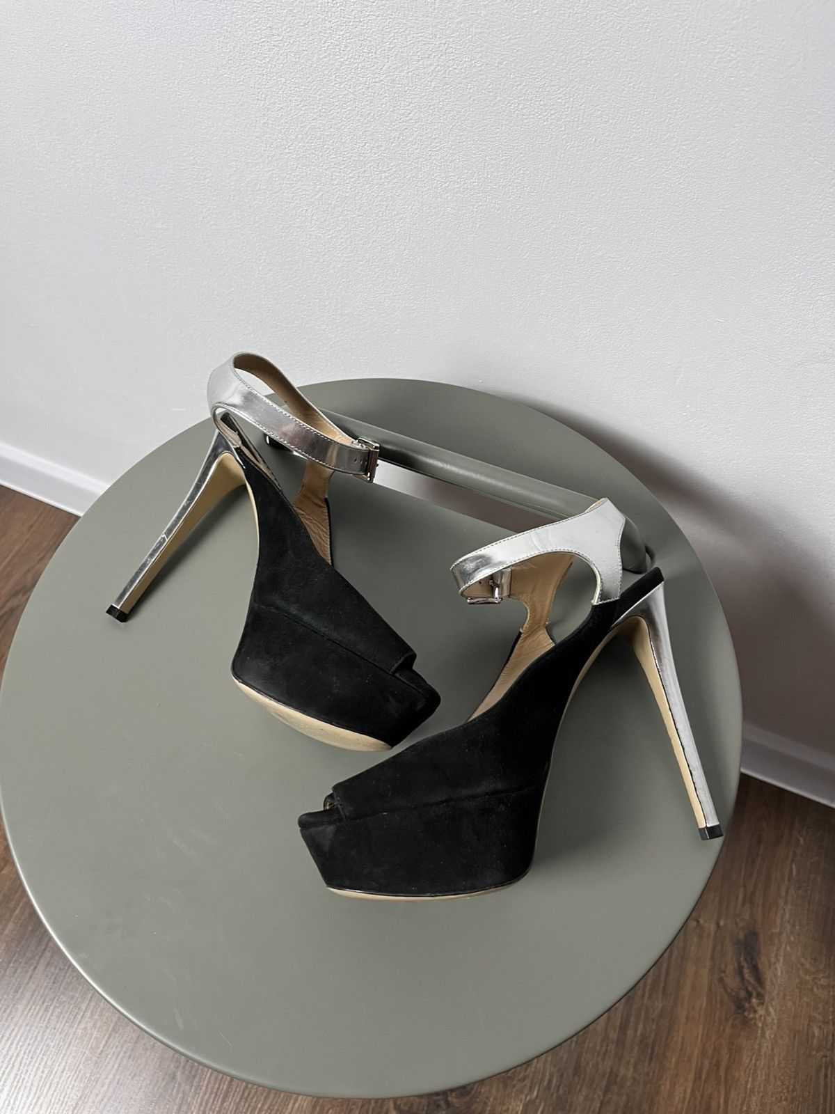 Emporio Armani Emporio Armani Black Suede Peep Toe Heels with Silver Straps Size US 6 / IT 36 - 11 Thumbnail