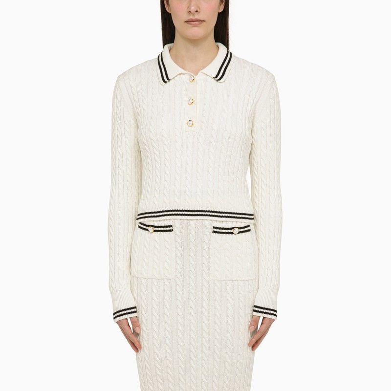 image of Alessandra Rich White Cotton Cable-Knit Polo Shirt, Women's (Size Small)