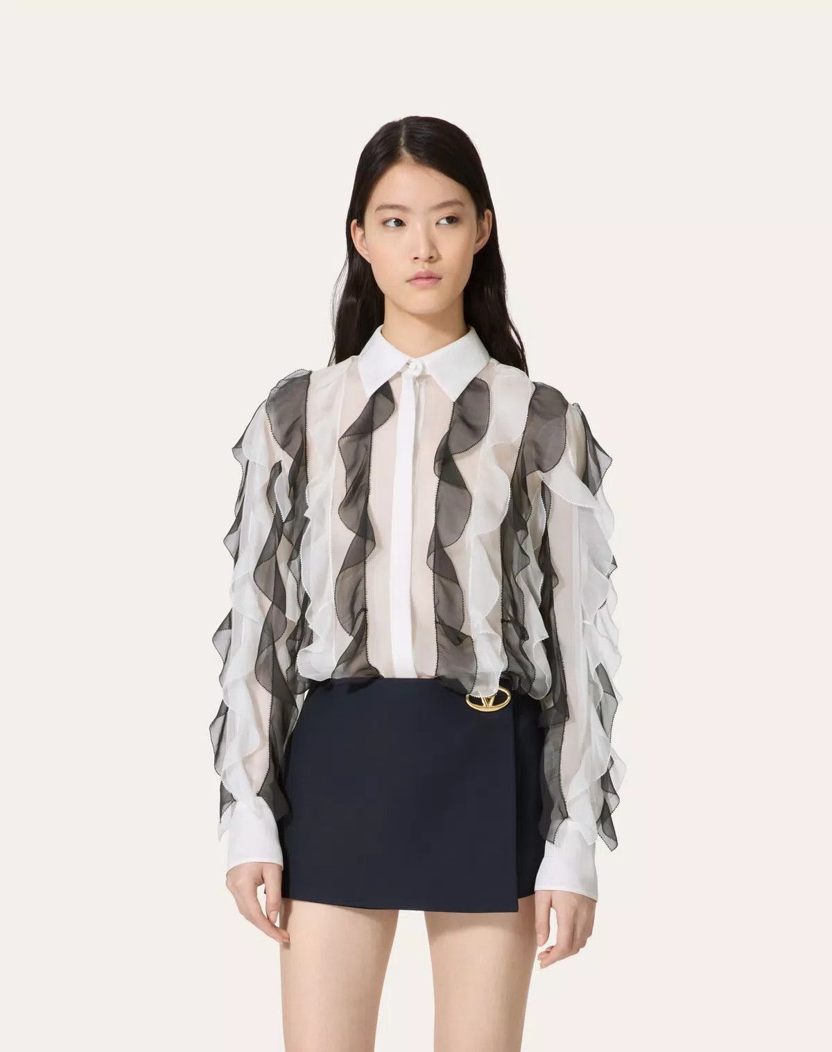 Valentino o1s1wg110426 Chiffon Blouse in White/Navy Size XS / US 0-2 / IT 36-38 - 3 Thumbnail
