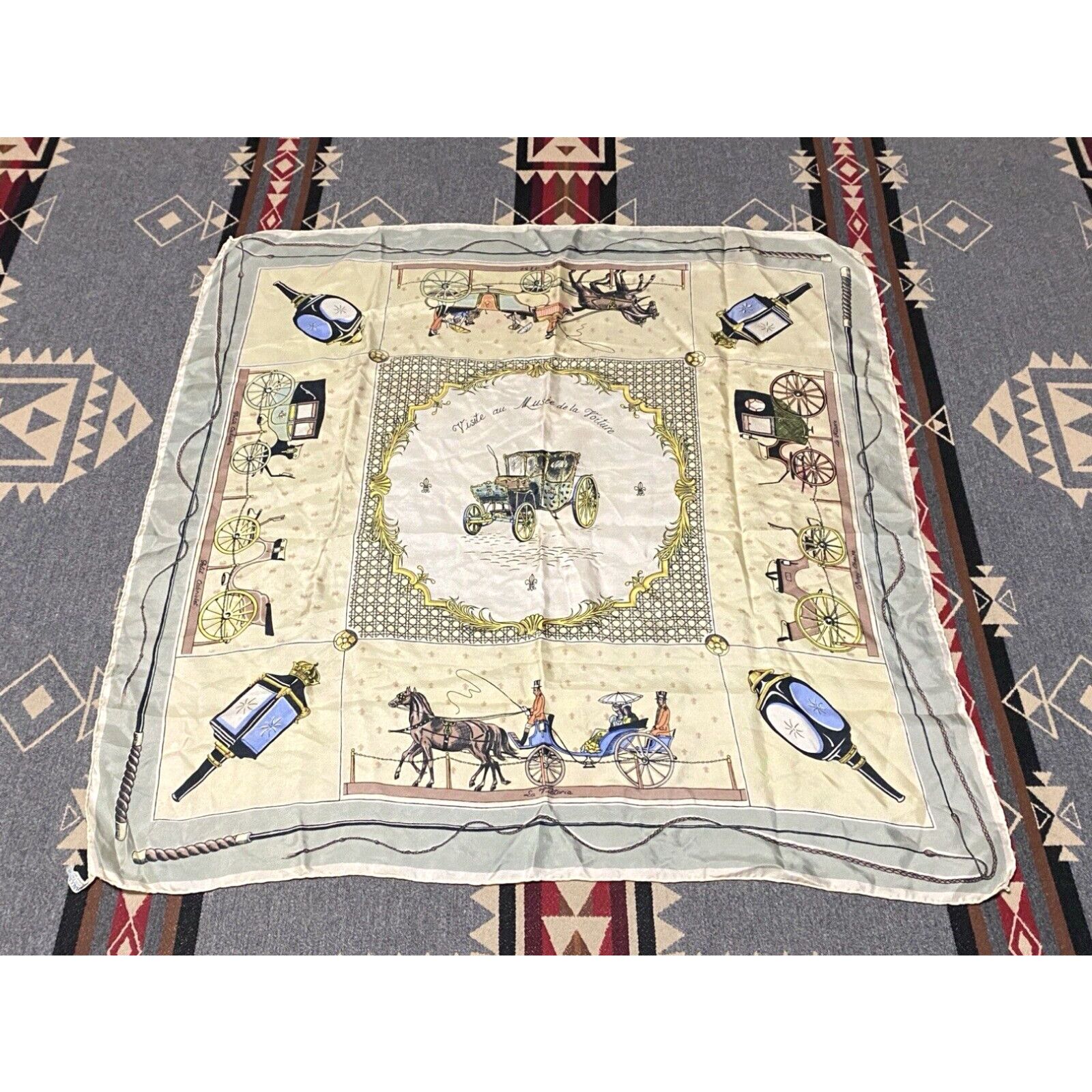 image of Vintage Baccarat Stole National Automobile Museum France Silk Twill Shawl Scarf VTG T70 in White, W