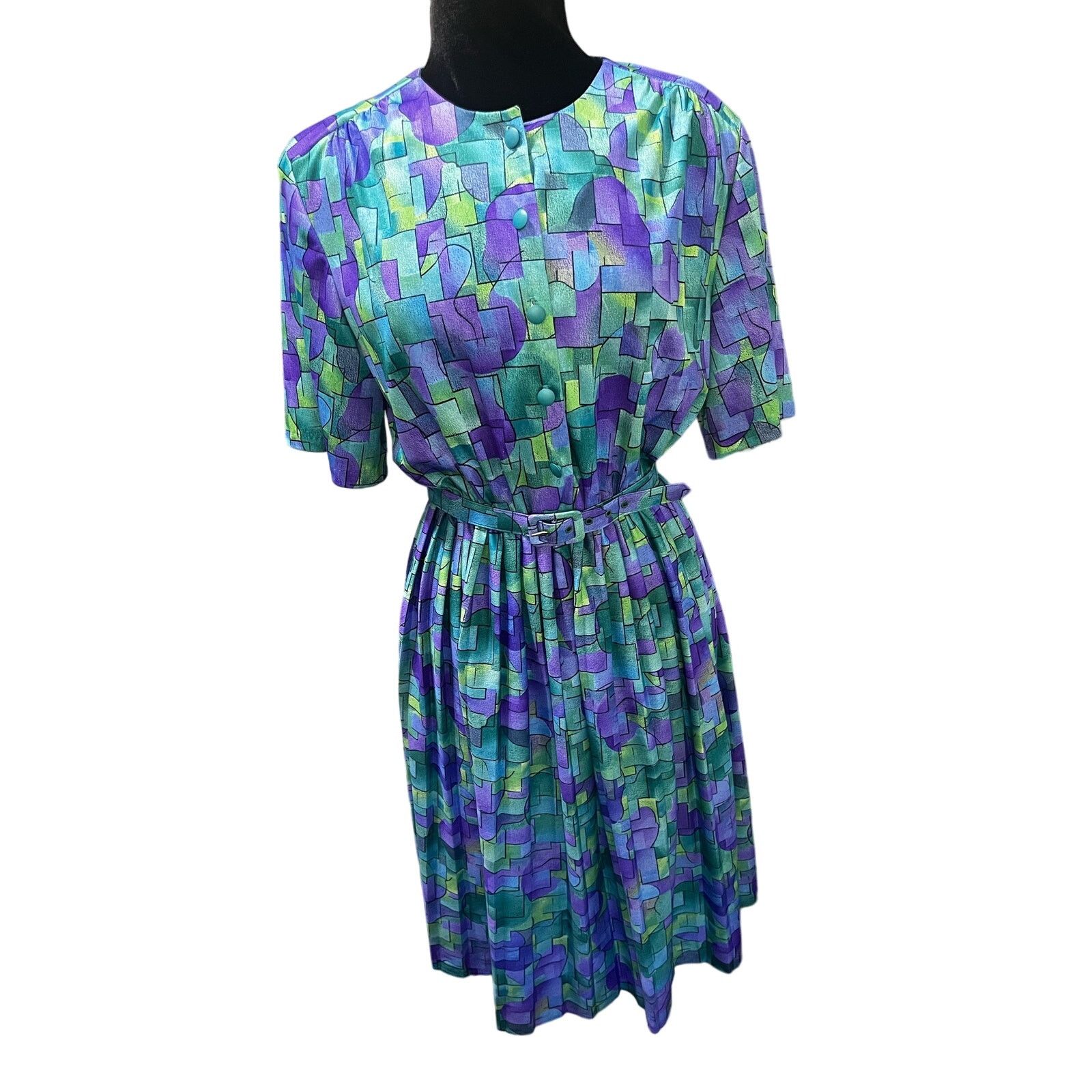 Vintage Vintage Anthony Richards Blue Green Geometric Dress Large 14 Size L / US 10 / IT 46 - 3 Thumbnail