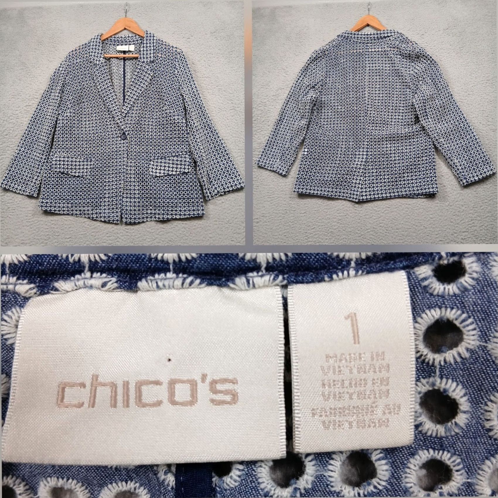 Vintage Chico's Textured Jacket Women's Blazer Geometric Blue White 1 Button Front 3/4 Sleeve Mid-Length Embroidered Open Front Casual Workwear Size XS / US 0-2 / IT 36-38 - 2 Thumbnail