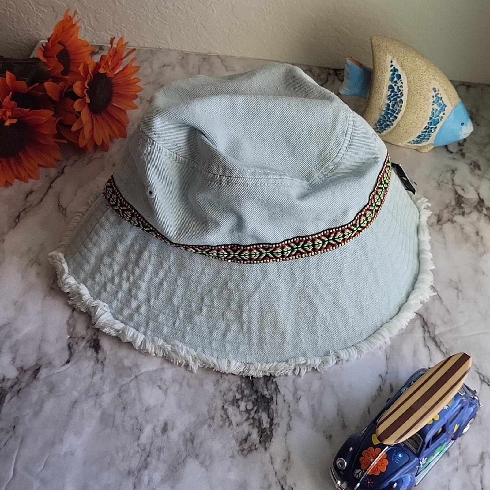 The Unbranded Brand Light Blue Jeans Bucket Hat with Patterned Band Size ONE SIZE - 6 Thumbnail