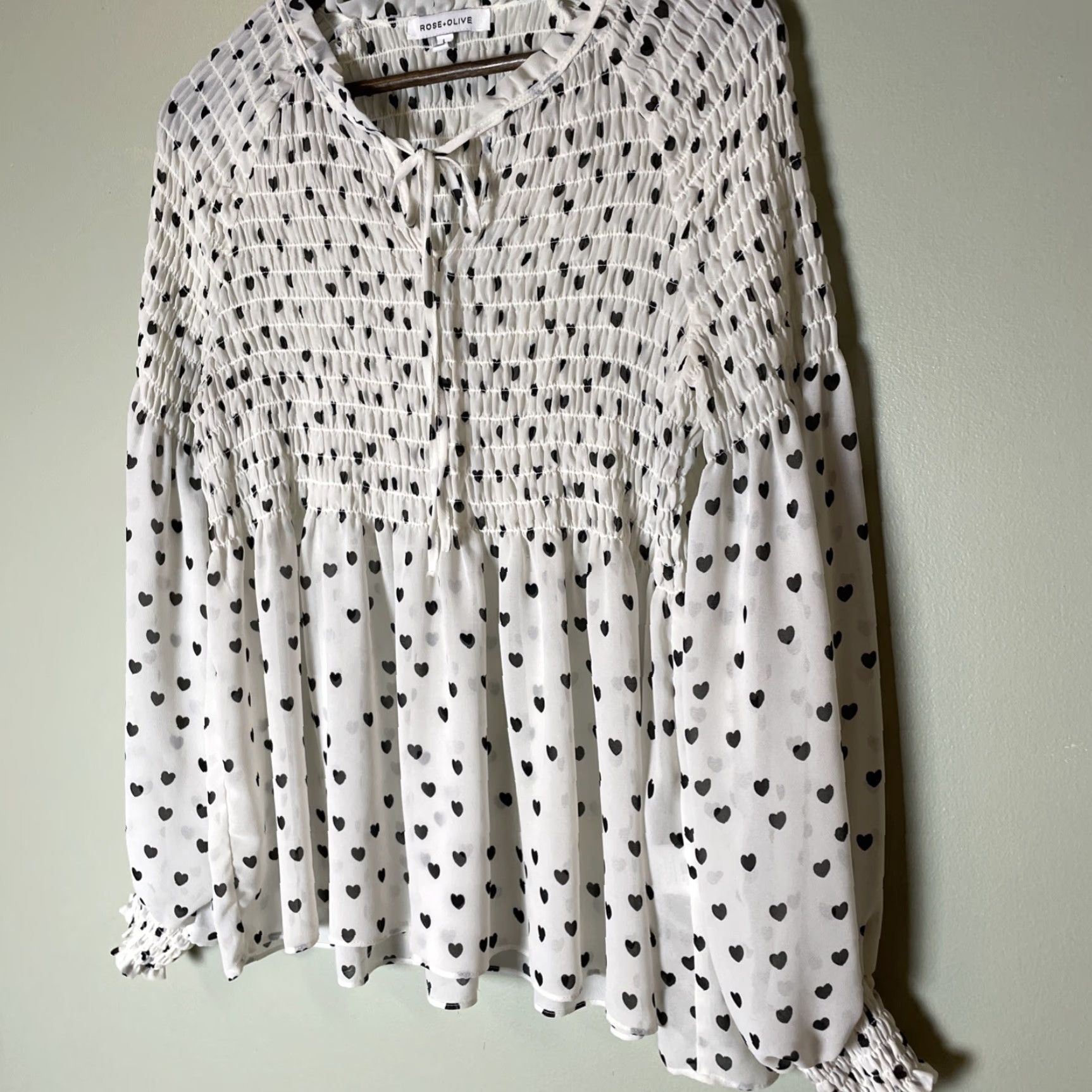 Vintage Rose + Olive Blouse L White Hearts Print Chiffon Balloon Sleeve Ruffle Neck Sheer Casual Women Size L / US 10 / IT 46 - 5 Thumbnail