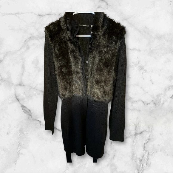 Elie Tahari T Tahari faux fur belted cardigan black wool blend large Size L / US 10 / IT 46 - 1 Thumbnail