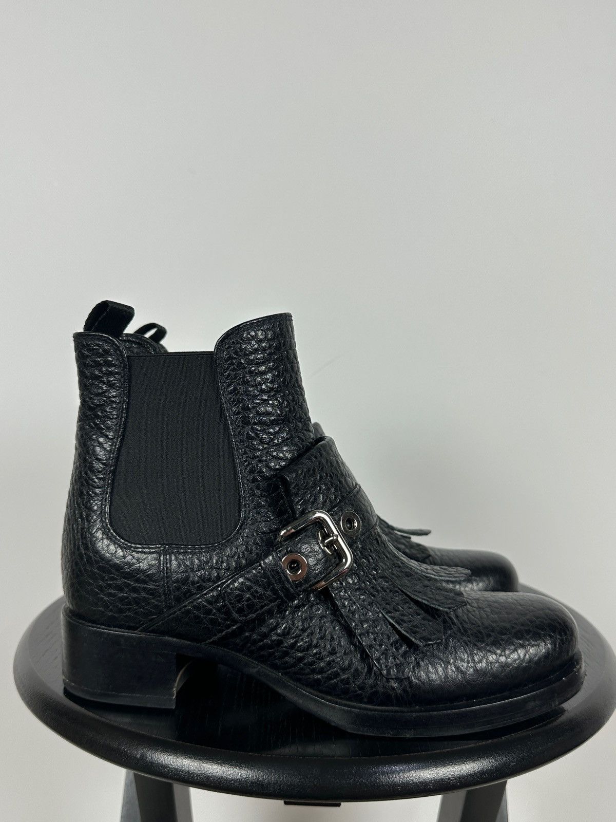 Prada Prada Black Leather Buckle Fringe Chelsea Ankle Boots Size US 6.5 / IT 36.5 - 6 Thumbnail