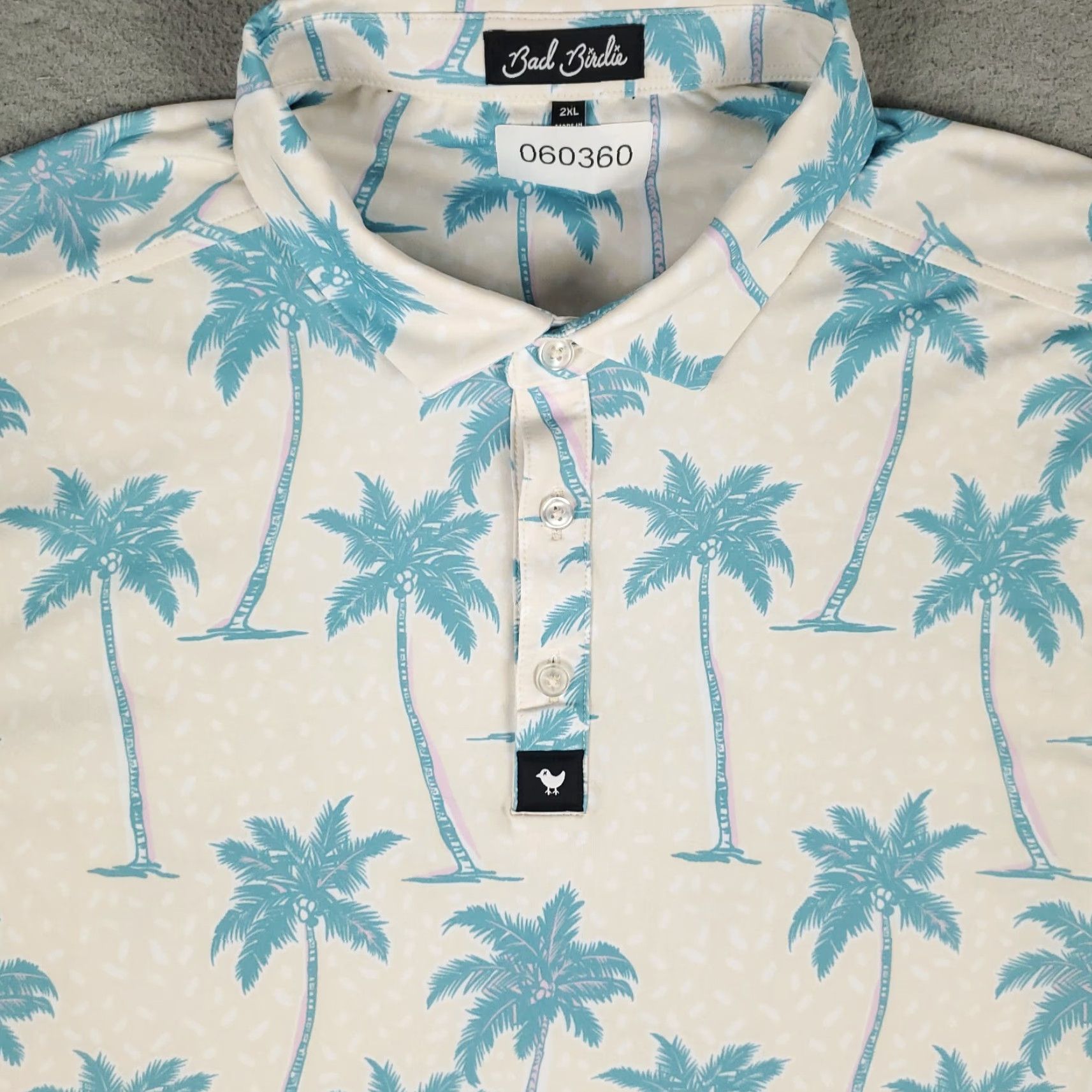 Vintage Bad Birdie Polo Shirt Mens 2XL Ivory Blue Palm Tree Print Short Sleeve Golf Polo Shirt Size US XXL / EU 58 / 5 - 2 Thumbnail
