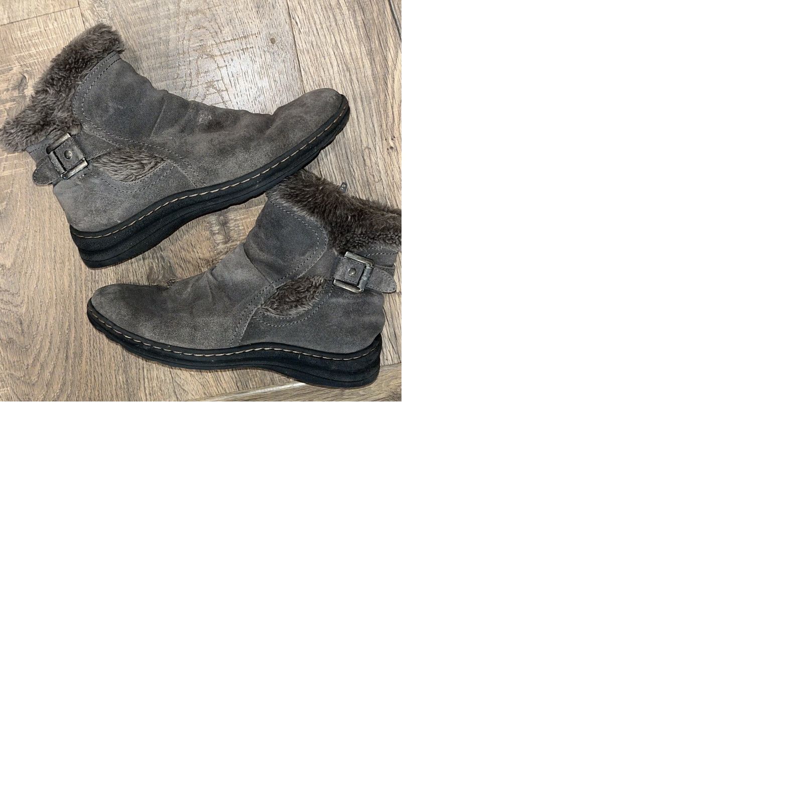Vintage Baretraps Andrea Gray Suede Ankle Boots Zip Up Size 8.5M Lined Fur Buckle Strap Heel Low Womens Winter Leather Outsole Boots Size US 9 / IT 39 - 10 Thumbnail