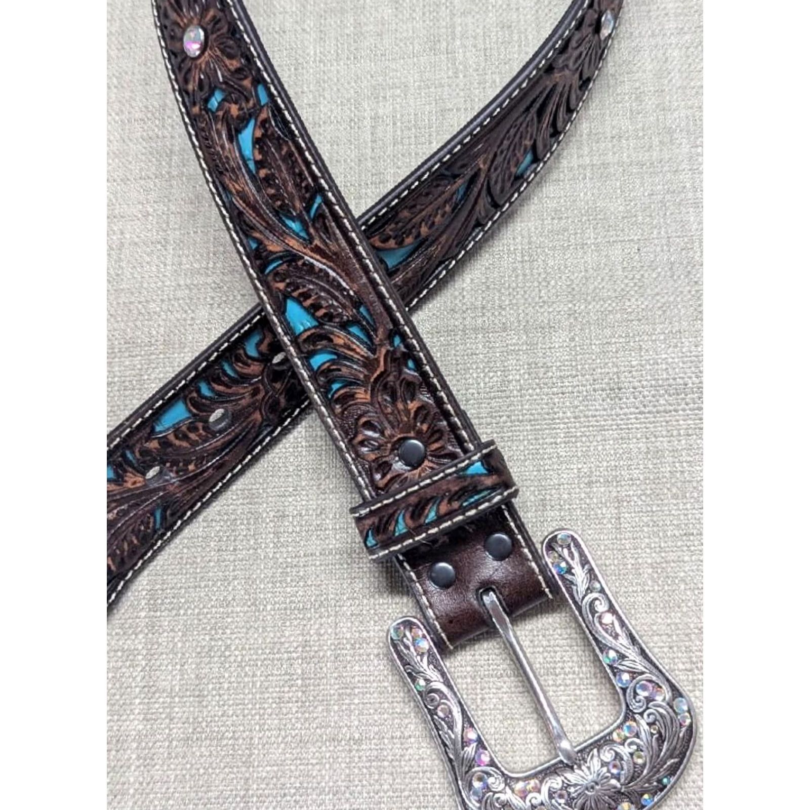 Ariat VINTAGE Ariat belt Western tooled leather 30 rhinestone studded brown belt Mens 30 Size 30 - 2 Thumbnail