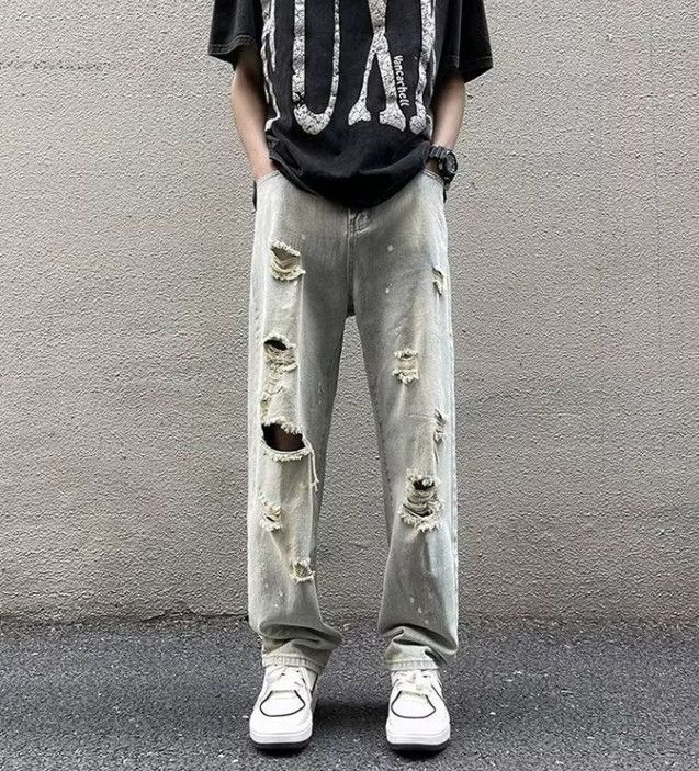 Men's street hiphop slim fit ripped raw edge washed jeans