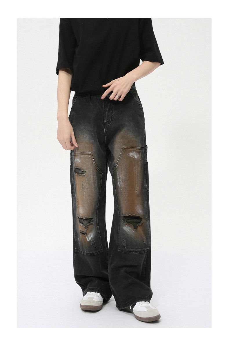 Japanese Brand × Jean High street graffiti patchwork design ripped straight jeans Size US 32 / EU 48 - 3 Thumbnail