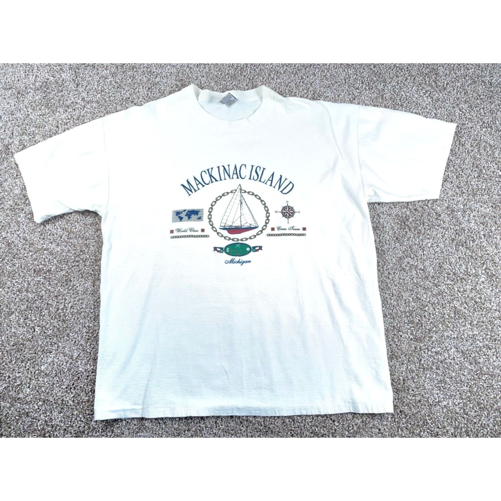 Vintage VINTAGE Cal Cru Mackinac Island Nautical Graphic T-Shirt Adult 2XL White Striped 90s Mens Size US XXL / EU 58 / 5 - 2 Thumbnail