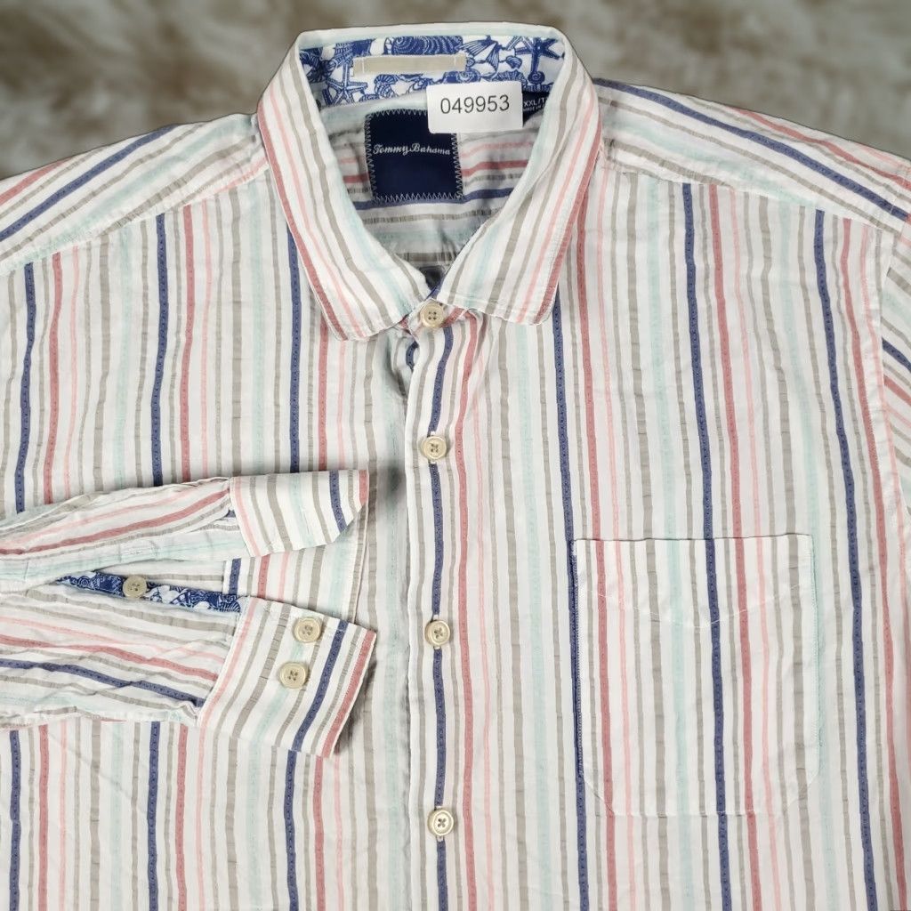 Tommy Bahama Tommy Bahama Shirt Mens 2XL White Blue Striped Cotton Long Sleeve Button-Up Mens Size US XXL / EU 58 / 5 - 1 Thumbnail