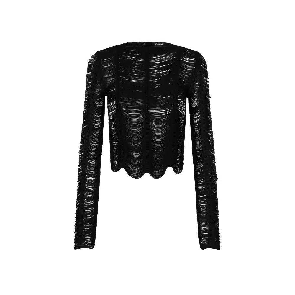 o1loc1c0825 TS2063 Fringed Open-knit Top in Black