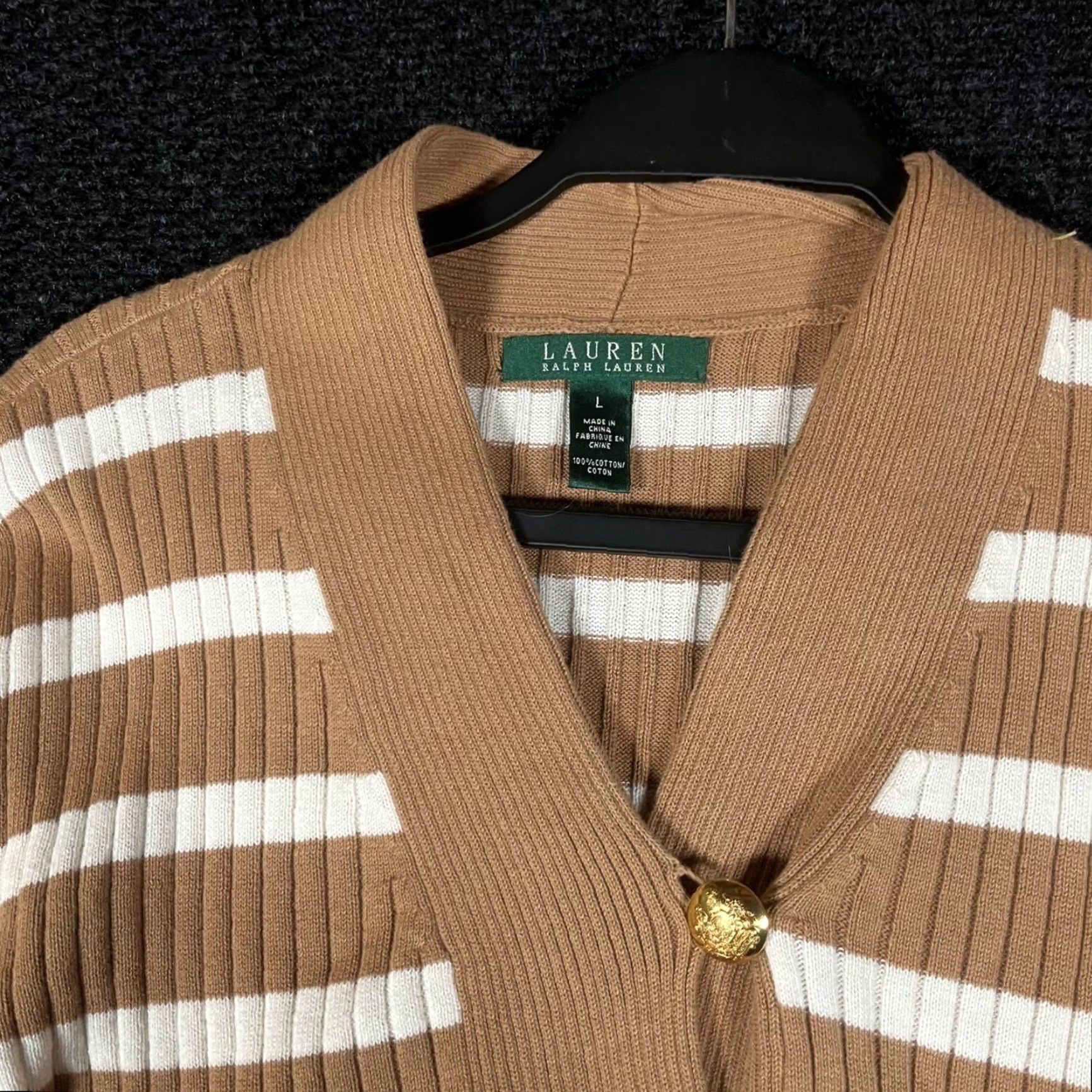 Ralph Lauren Lauren Ralph Lauren Tan White Striped Ribbed Knit Button V-Neck Sweater Large Pullover Women Gift Logo Vintage No Size L / US 10 / IT 46 - 2 Thumbnail
