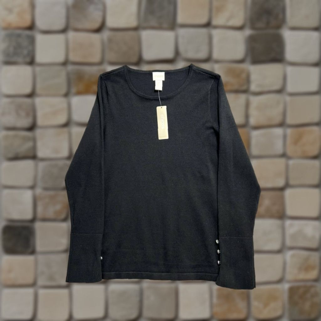 Vintage Chicos Sweater 0 Petite Black Button Detail Pullover Crew Neck Basic New Womens Size XS / US 0-2 / IT 36-38 - 1 Thumbnail