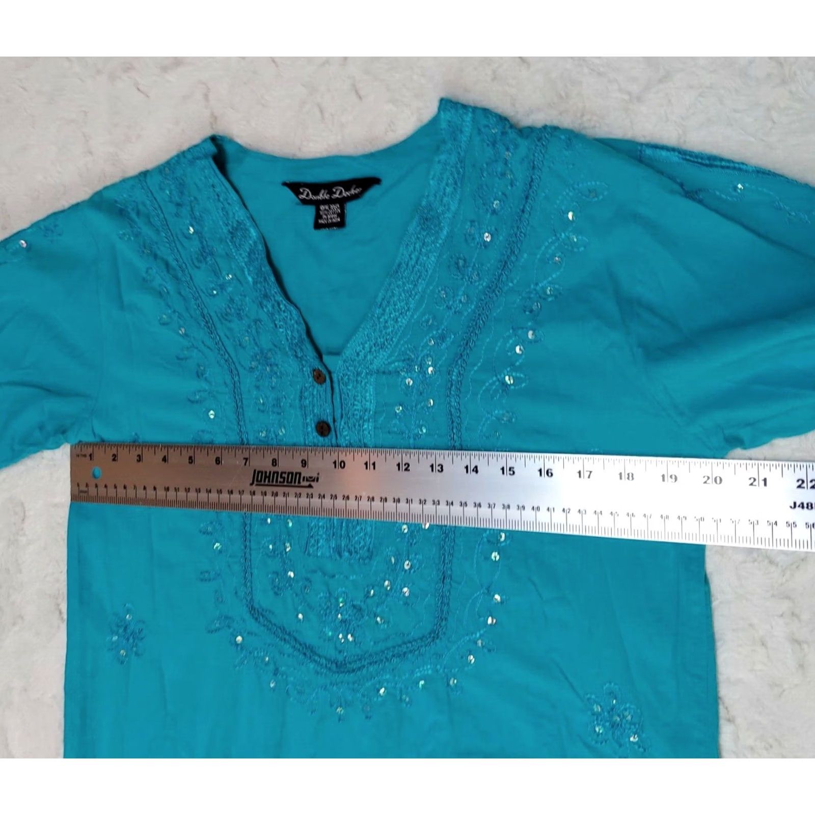Doublet Double Decker Womens Tunic Top Floral Embroidered 3/4 Sleeve Turquoise One Size Size ONE SIZE - 7 Thumbnail