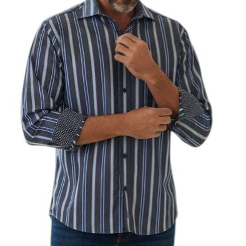 BUGATCHI Bugatchi Uomo Dress Shirt M Striped Contrast Flip Cuff L/S Size US M / EU 48-50 / 2 - 1 Thumbnail