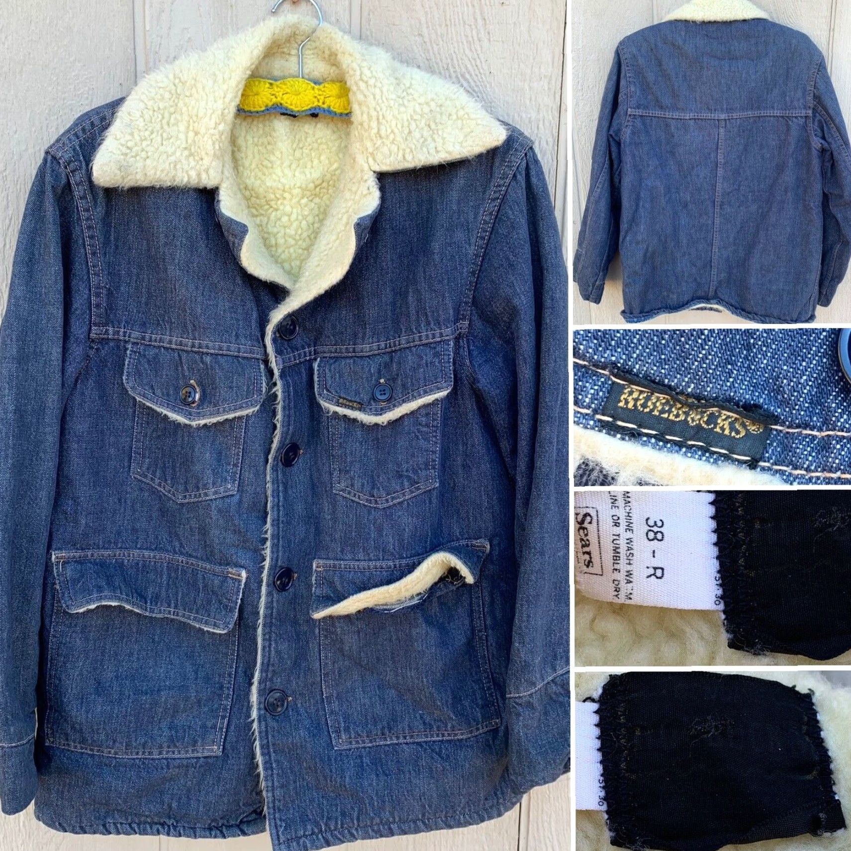 Sears VINTAGE Roebuck’s Denim Sherpa Lined Jacket Chore Trucker Sears 38-R Blue 1970s Size US XXS / EU 40 - 2 Thumbnail