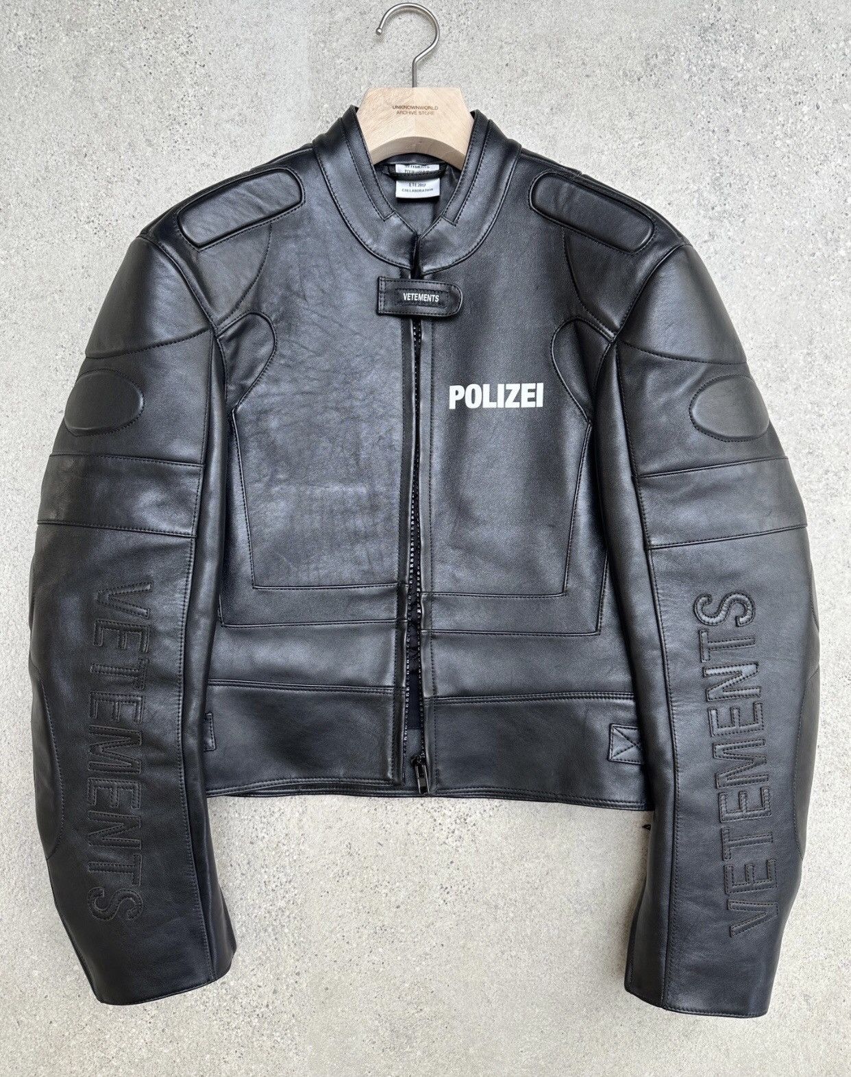 image of Vetements Vetments Polizei Leather Racing Jacket in Black, Men's (Size Small)