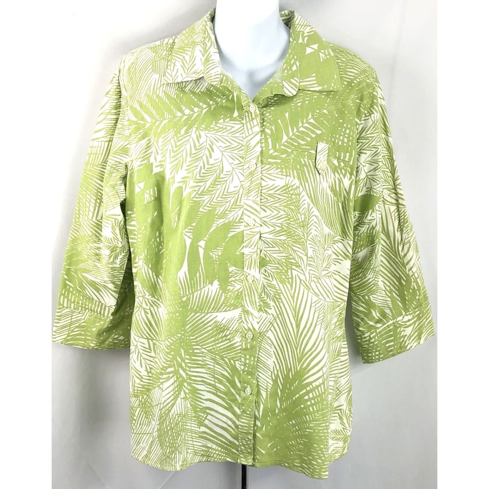 Vintage Jaclyn Smith Linen Top L Green Floral Tropical 3/4RollTab Sleeves Button Up Size L / US 10 / IT 46 - 5 Thumbnail