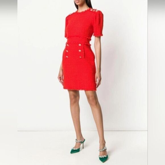 MSGM MSGM Milano Red Orange Bouclé Tweed Frayed Detail Sheath Min Size M / US 6-8 / IT 42-44 - 1 Thumbnail