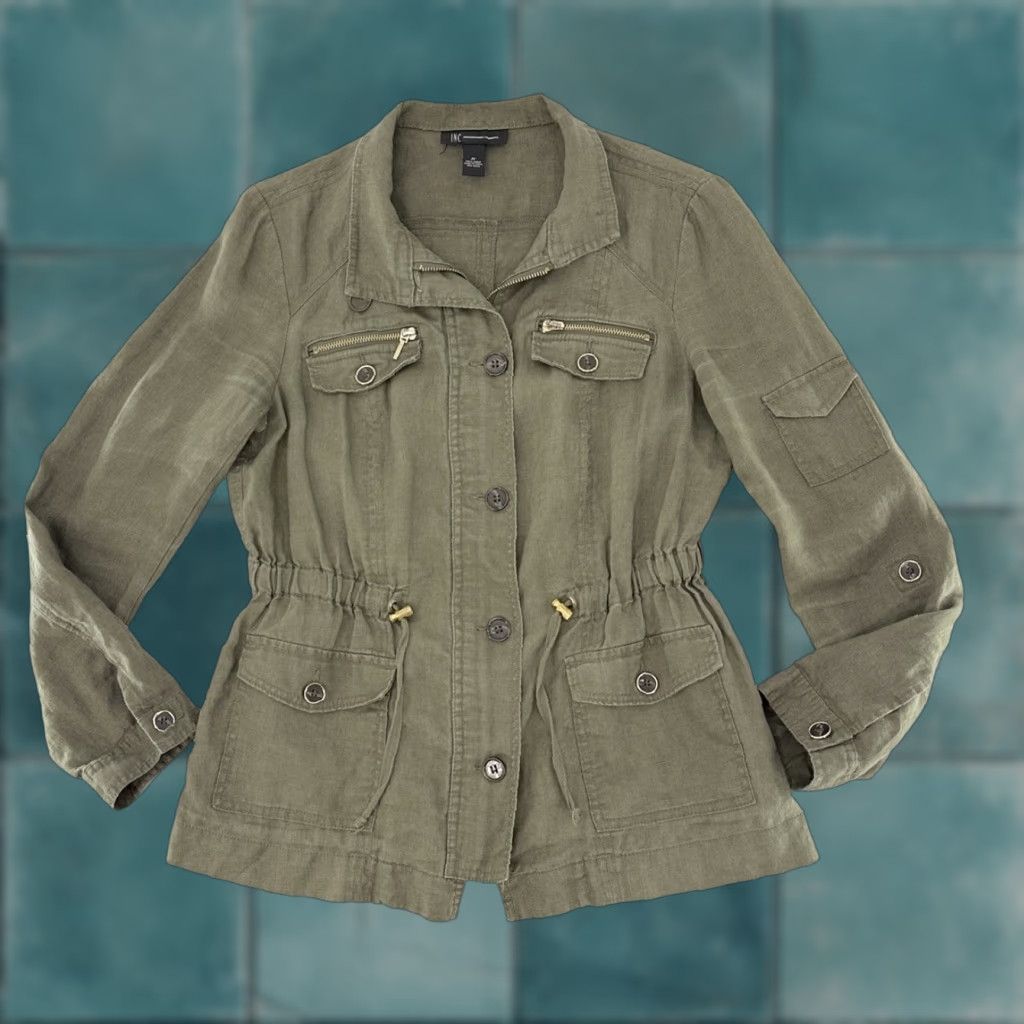 Vintage INC International Concepts Jacket Military Linen Green 100% Linen M Zip Pockets Collared Solid Green Women Adult Regular Modern Style Size M / US 6-8 / IT 42-44 - 1 Thumbnail