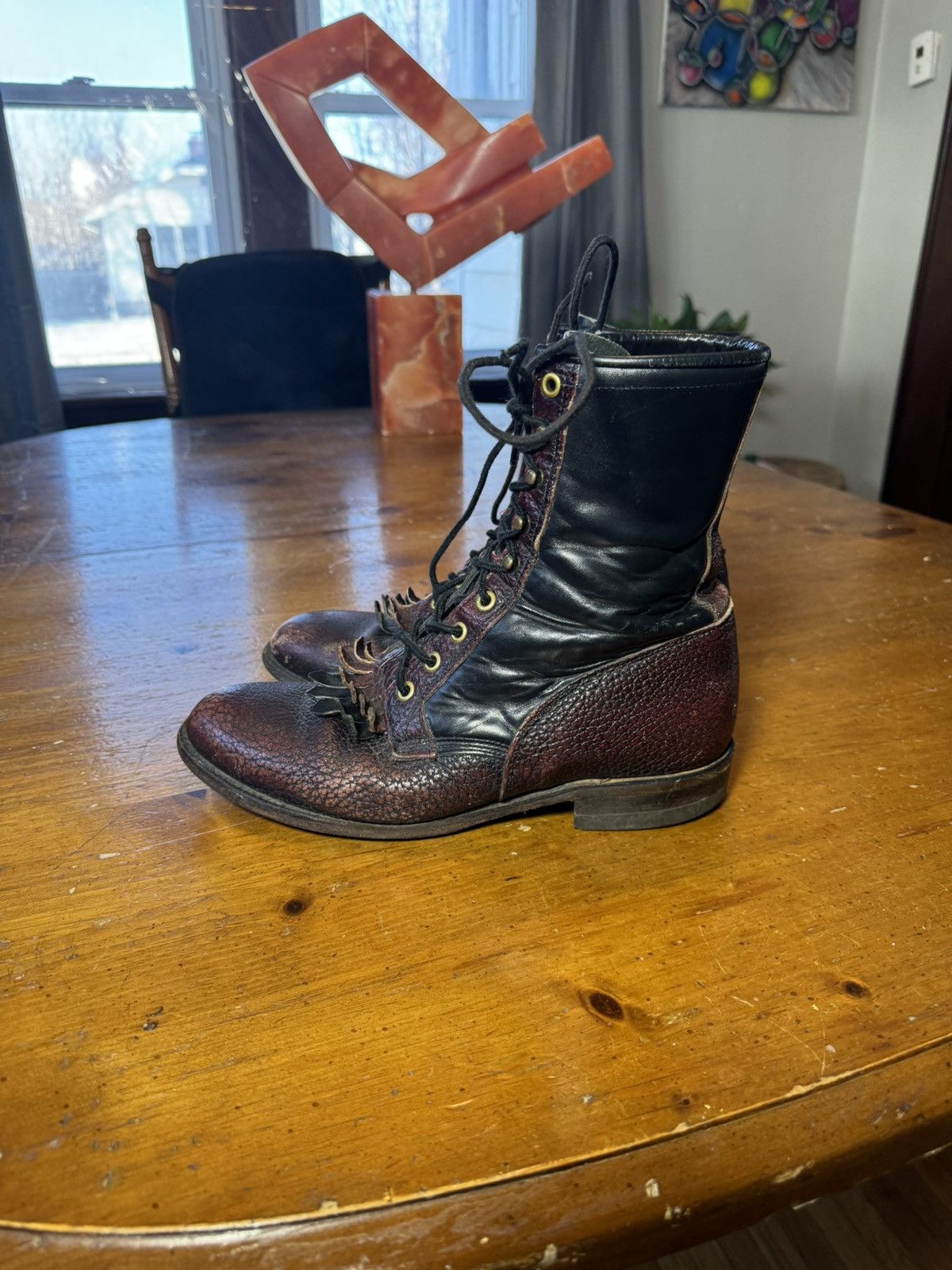 Justin Boots Justin VINTAGE PEBBLED TWO TONE BURGUNDY LACE Cowboy Boots Size US 8.5 / EU 41-42 - 1 Thumbnail
