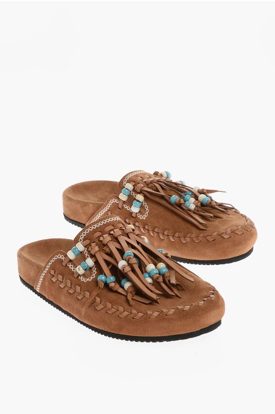 image of Alanui Suede Salvation Mountain Mule Shoess With Fringes And Beads Shoes in Brown, Women's (Size 6)