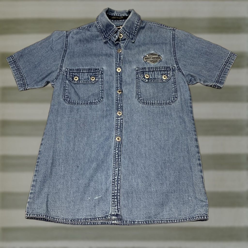 Harley Davidson Harley-Davidson Women's Denim Button Down Shirt Short Sleeve Logo Cotton Small Blue Size S / US 4 / IT 40 - 1 Thumbnail