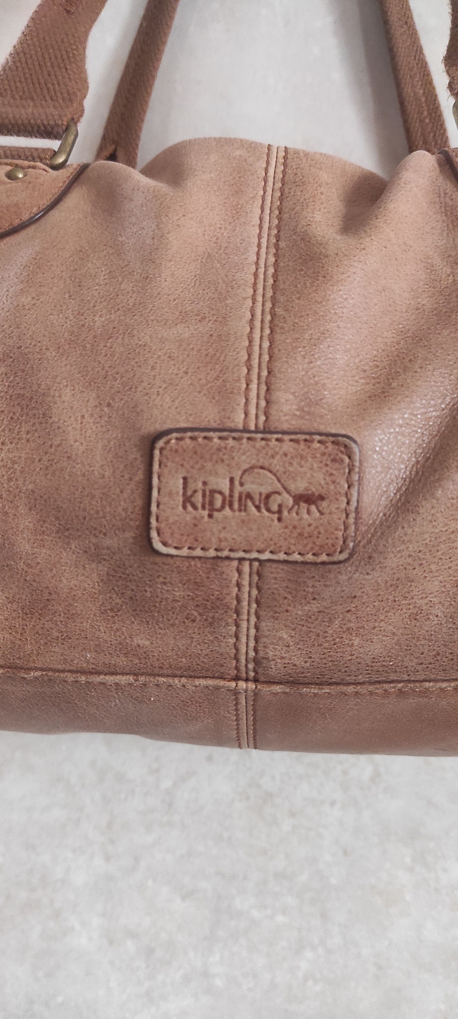 Kipling Shoulder Bag Brown Leather Brass Monkey Zip Top